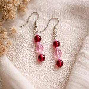 Vintage Artisan Pink Glass Beaded Drop Earrings Boho Chic